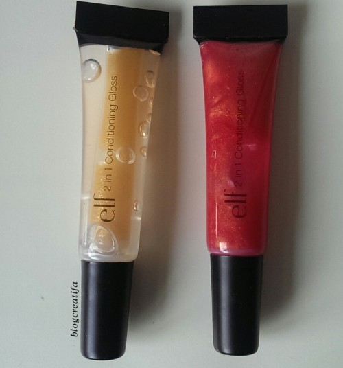 ELF studio 2 in 1 conditioning lip gloss Golden Fanatic reviews swatches swatch tubes